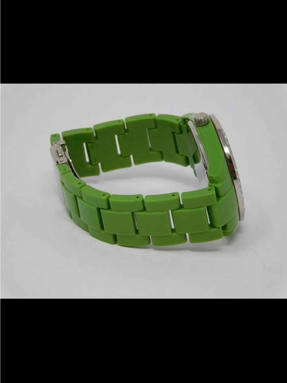 Fossil Women's Watch ES 2368 Lime Green Link Chrono White Dial Crystals Ladies